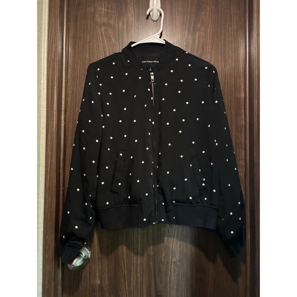 Who What Wear Black & White Polka Dot Bomber Zip-up Jacket With Pockets Size S